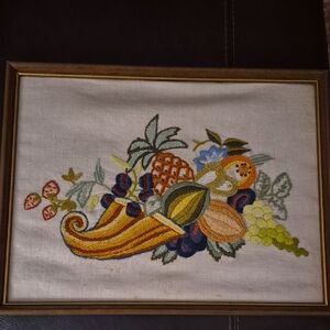 Framed Cornucopia Crewel Embroidery Art 16x12